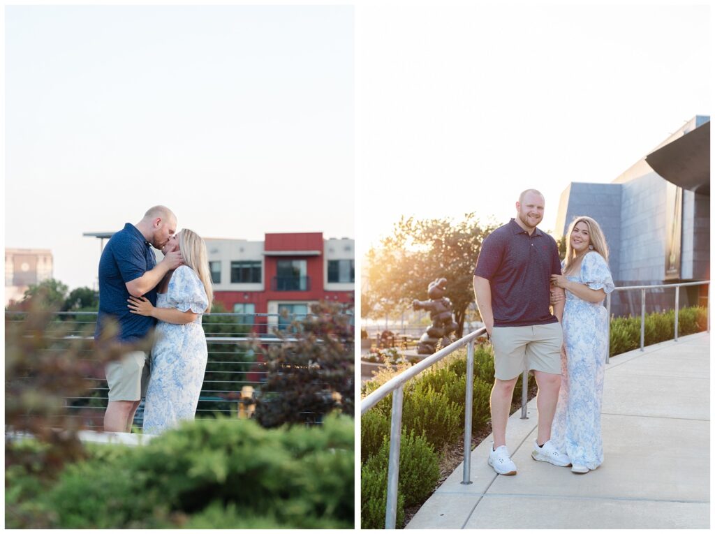 couple kissing near a steel railing at the Hunter Museum in Chattanooga