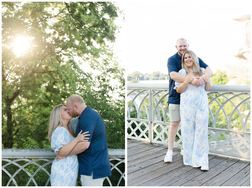 couple kissing on the Walnut Street Bridge for proposal and engagement portraits 