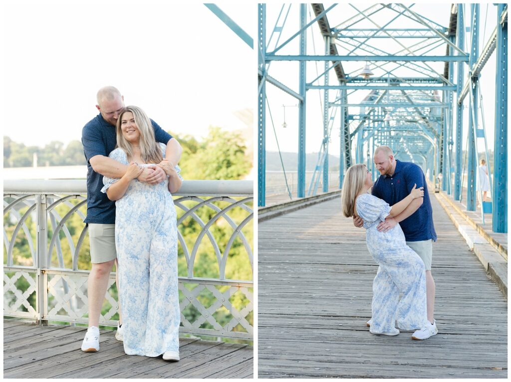 couple dipping back for portraits at downtown Chattanooga engagement session