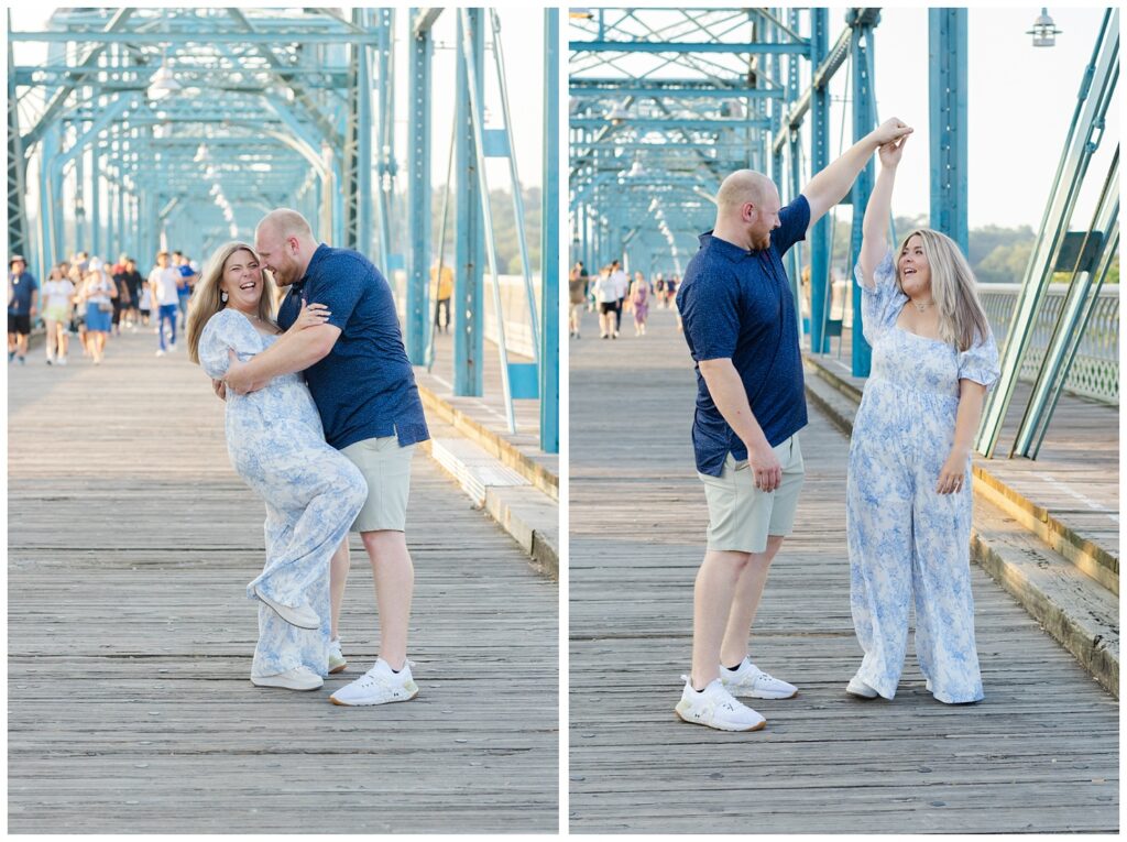 couple dipping back for portraits at downtown Chattanooga engagement session