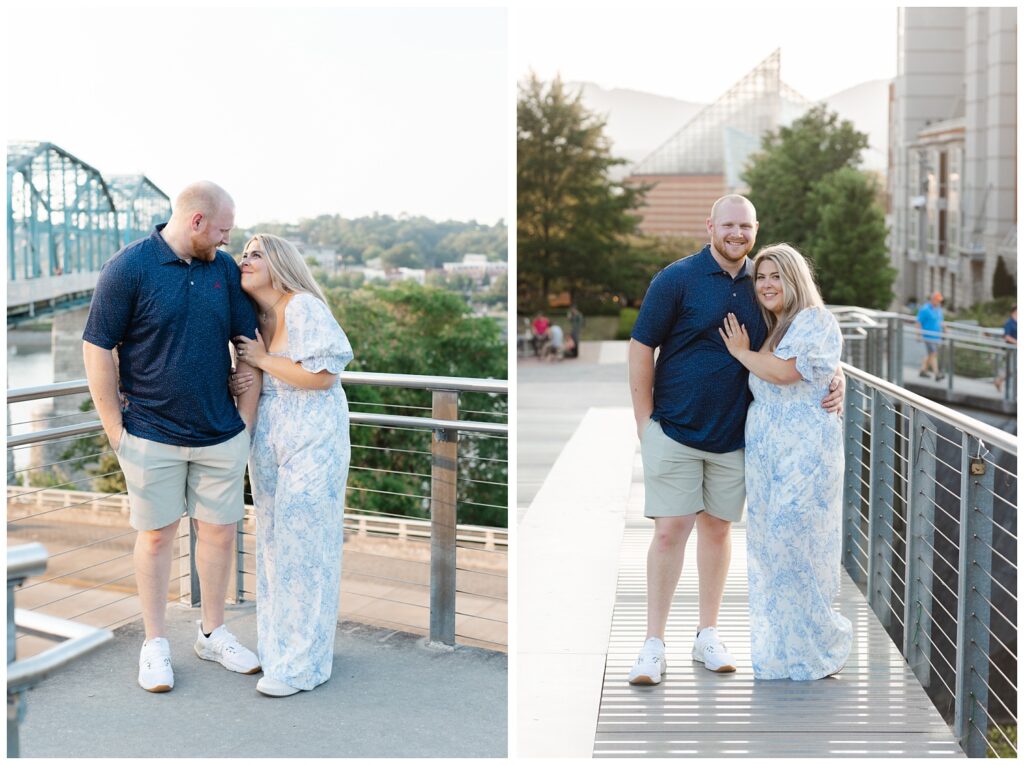 engaged couple posing on the Holmberg Bridge during golden hour 