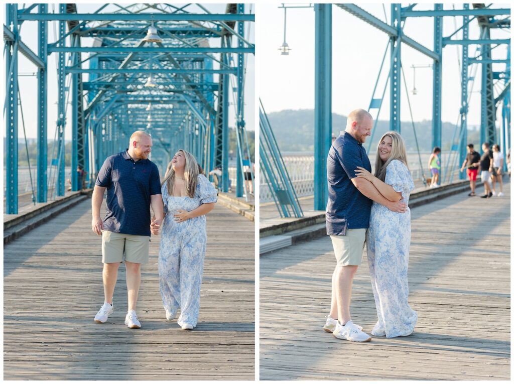 couple laughing while walking together on the Walnut Street Bridge