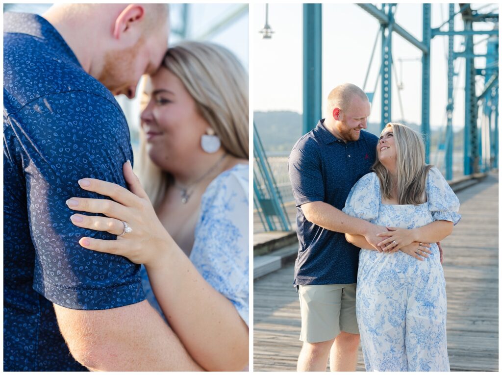 woman's hand resting on her fiance's arm showing her engagement ring