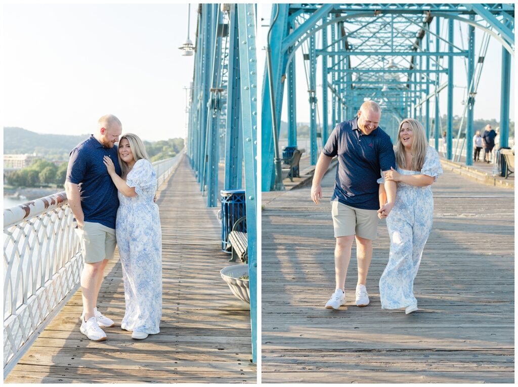 couple laughing during their Walnut Street Bridge proposal session