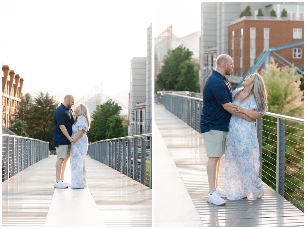 couple sticking out their tongues at each other on the Holmberg Bridge 