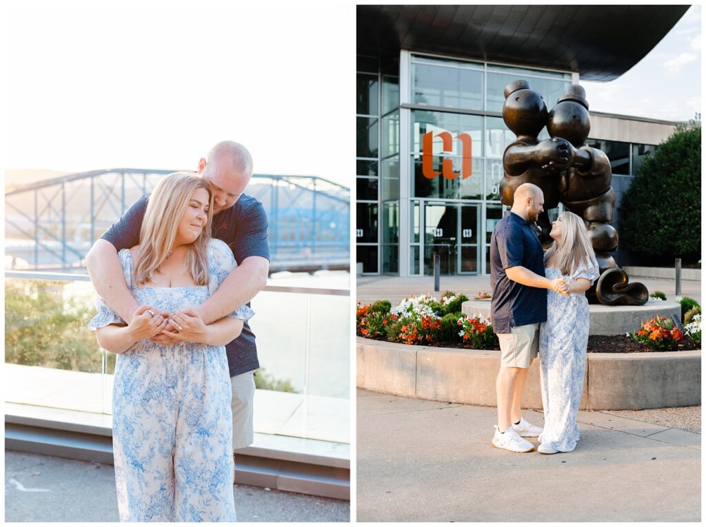 couple posing in front of the dancing statue at the Hunter Museum