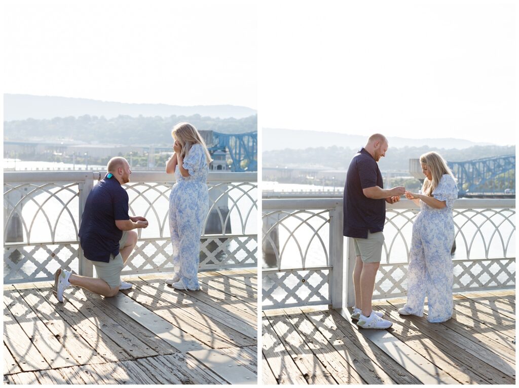 man and his girlfriend getting engaged on the Walnut Street Bridge in Chattanooga