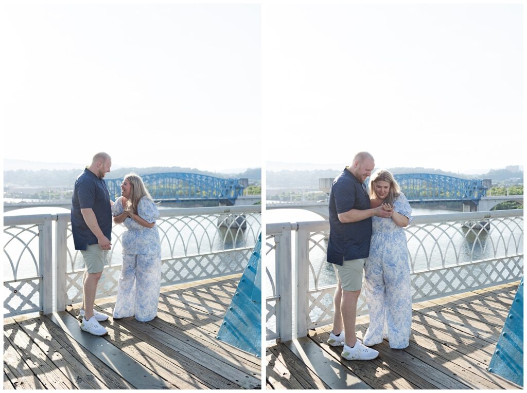 girl looking at her engagement ring after proposal in downtown Chattanooga