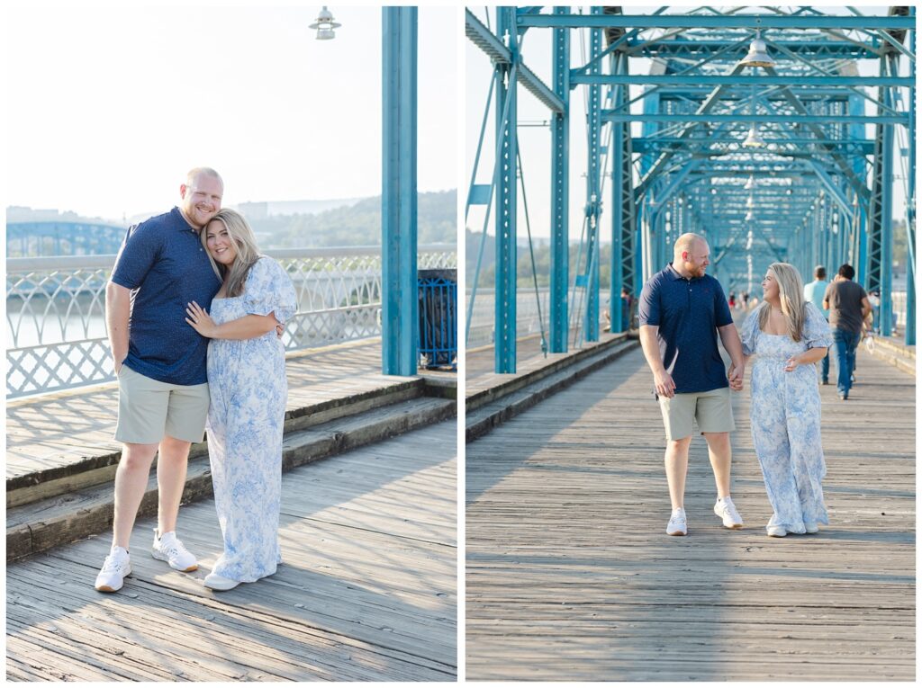 engaged couple holding hands and walking together on the Walnut Street Bridge