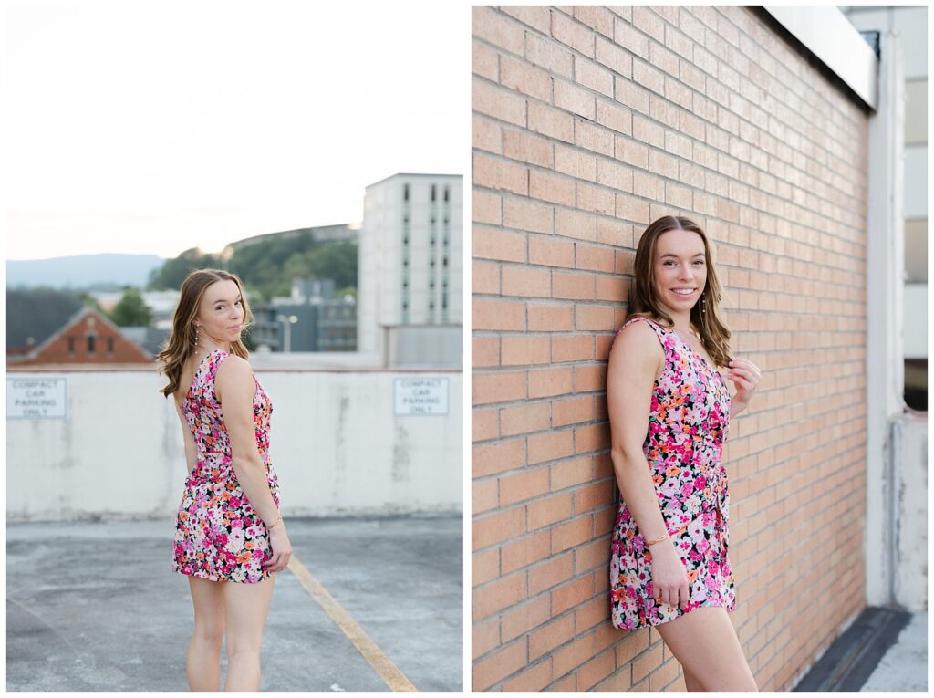 senior girl leaning against a brick wall on top of a parking garage