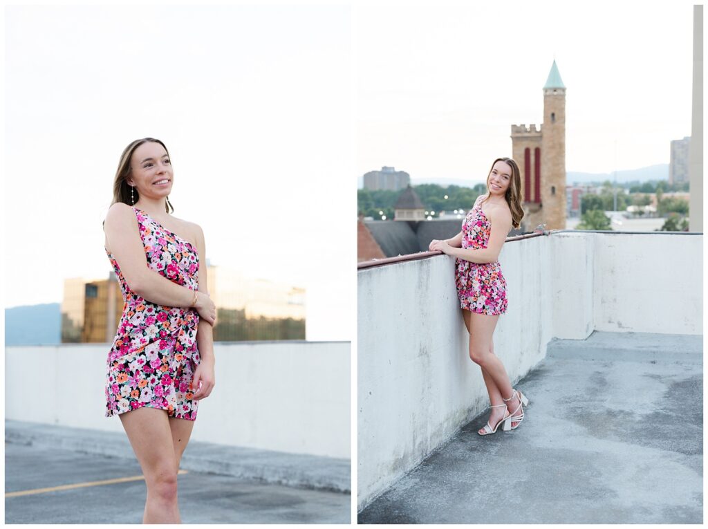 senior girl posing on top of garage in downtown Chattanooga