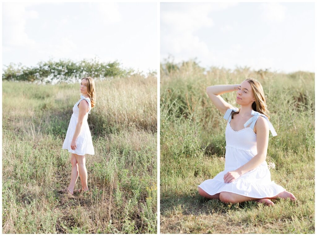 high school senior girl sitting in a field near downtown Chattanooga