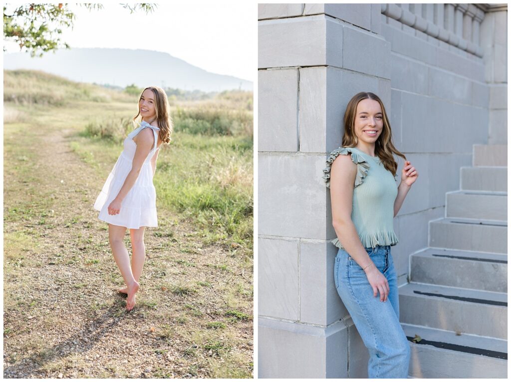 girl leaning against a stone wall at the courthouse in downtown Chattanooga