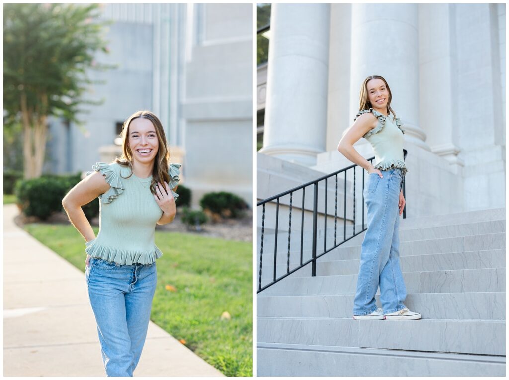 senior girl posing on the steps of the Chattanooga courthouse downtown