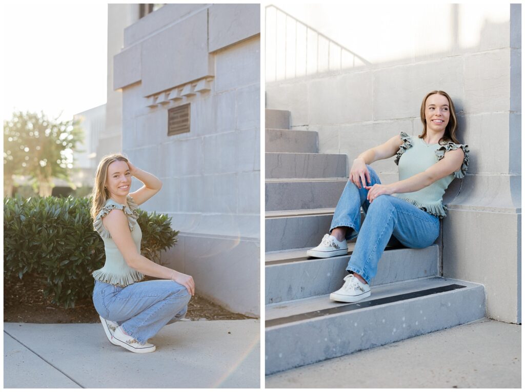 girl sitting on the steps at the Chattanooga courthouse for senior session