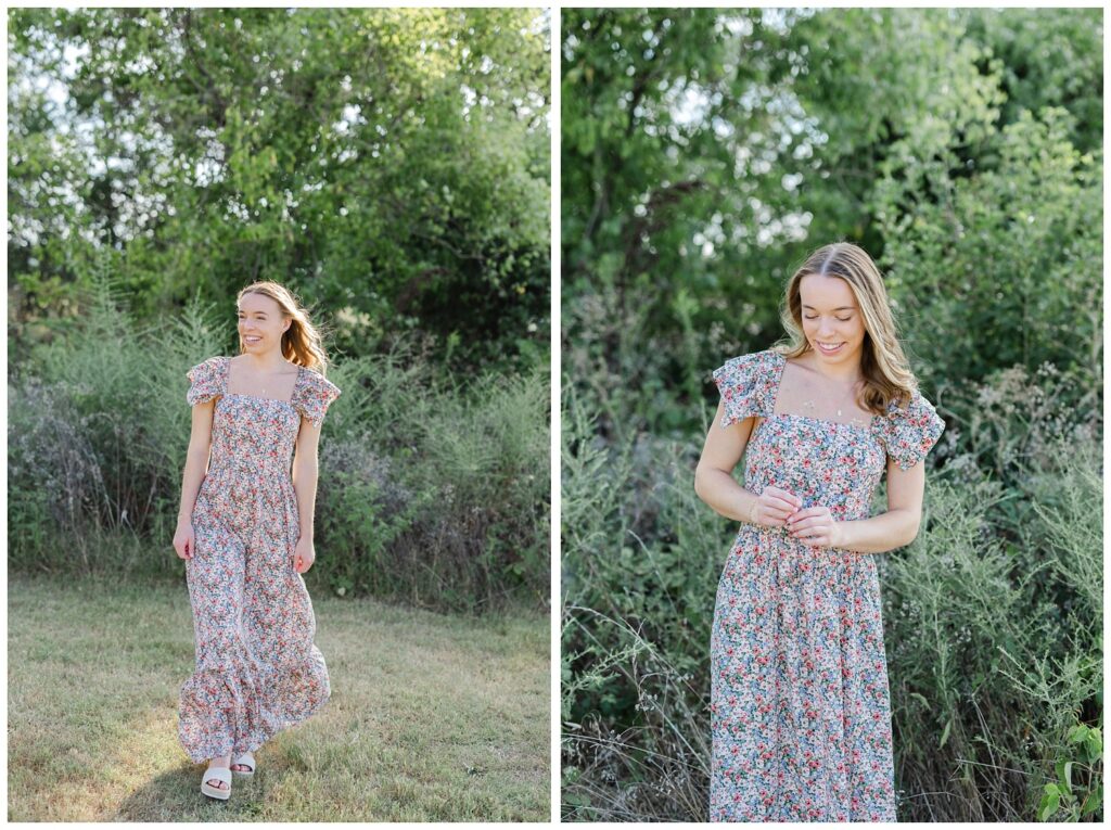 senior girl walking at the Sculpture Fields for photoshoot