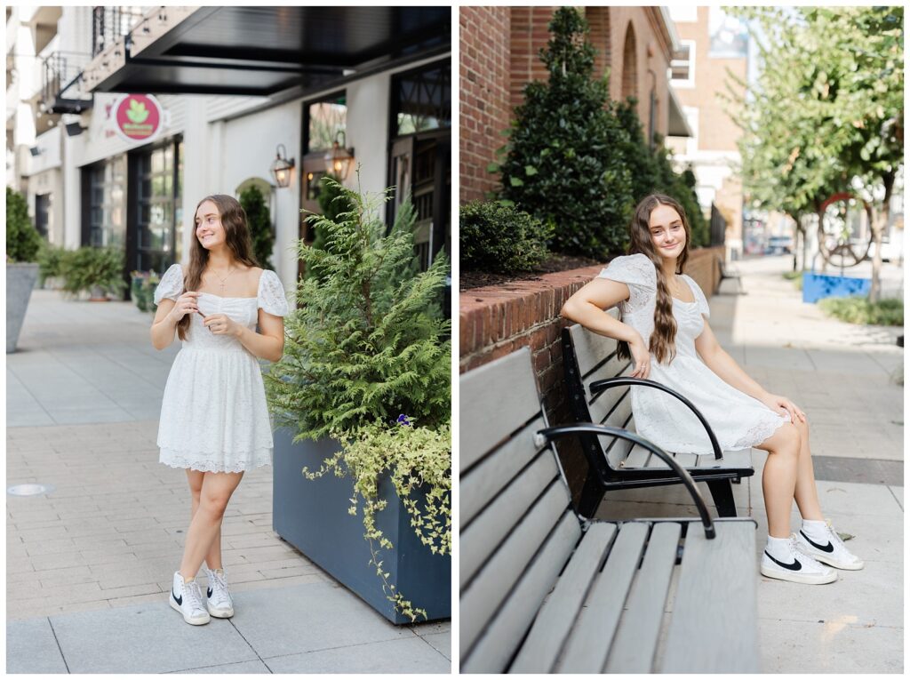 high school senior sitting on a bench along the sidewalk in Chattanooga