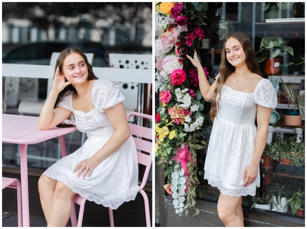 senior girl posing next to a door covered with flowers outside in Chattanooga