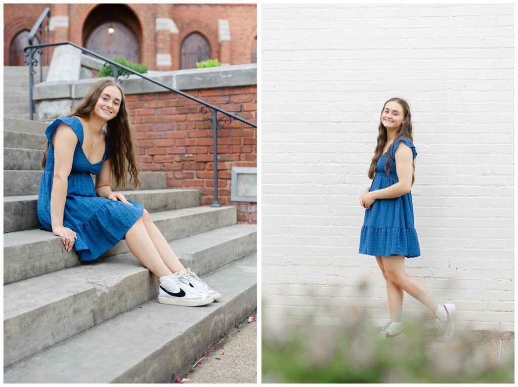 girl wearing a blue dress walking next to a white brick wall in Chattanooga 