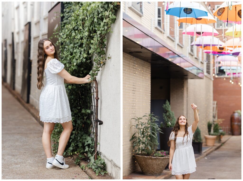 girl trying to catch colored umbrellas in downtown Chattanooga senior session