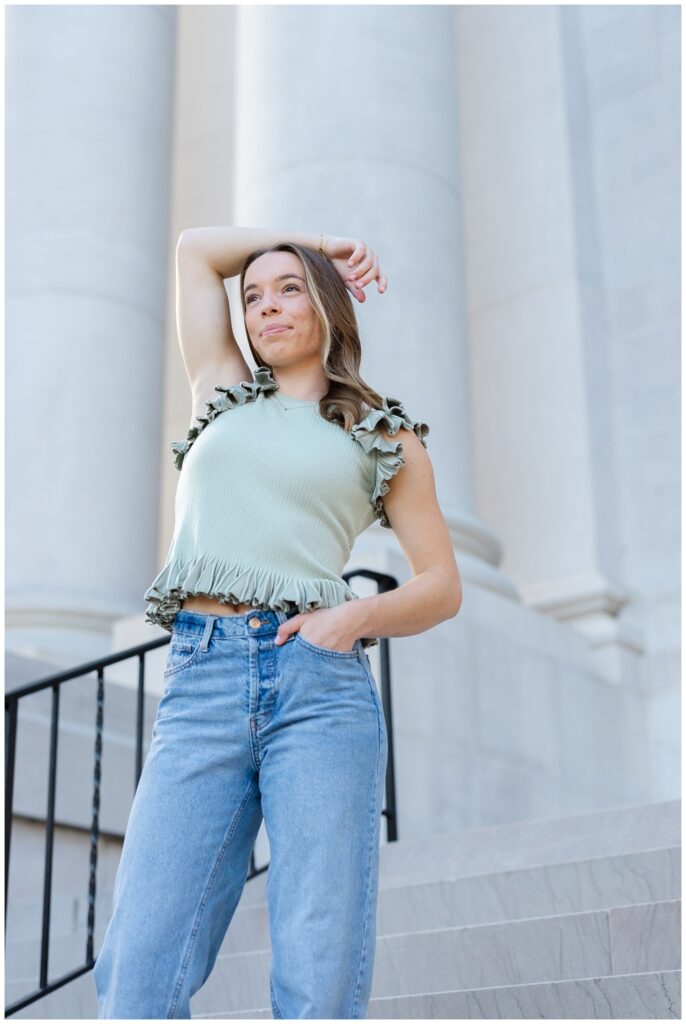 high school senior posing on the steps of the Chattanooga courthouse downtown