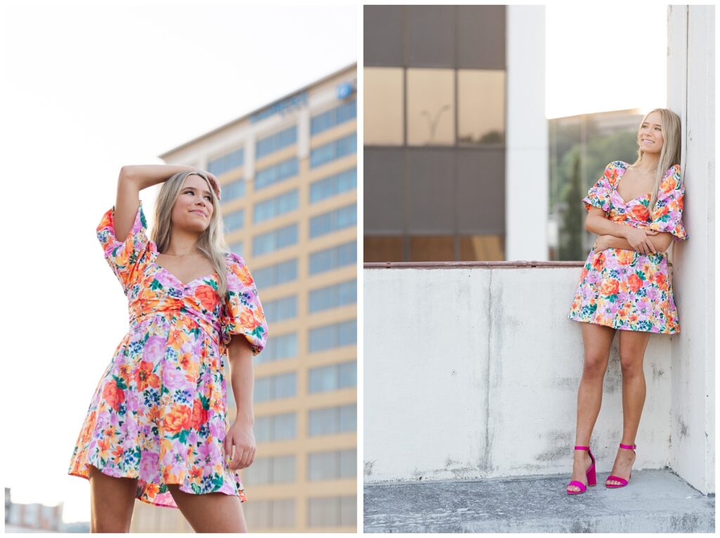 garage rooftop senior session in downtown Chattanooga at golden hour 