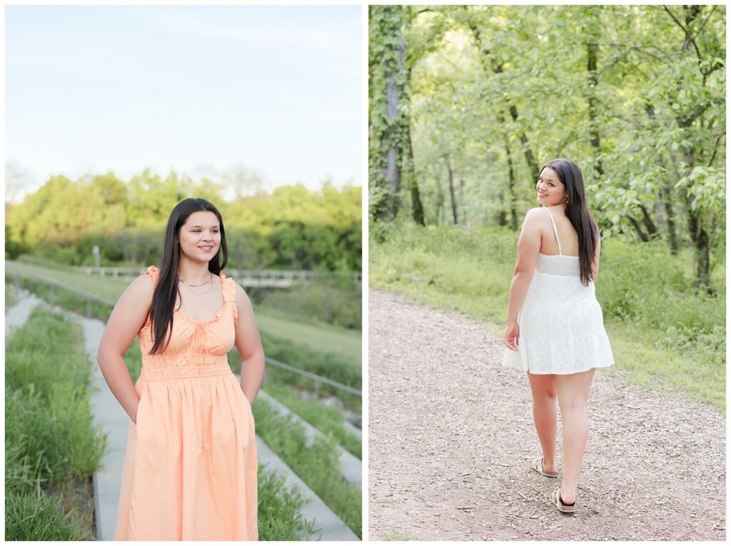 senior session in the spring at Renaissance Park on a walking trail