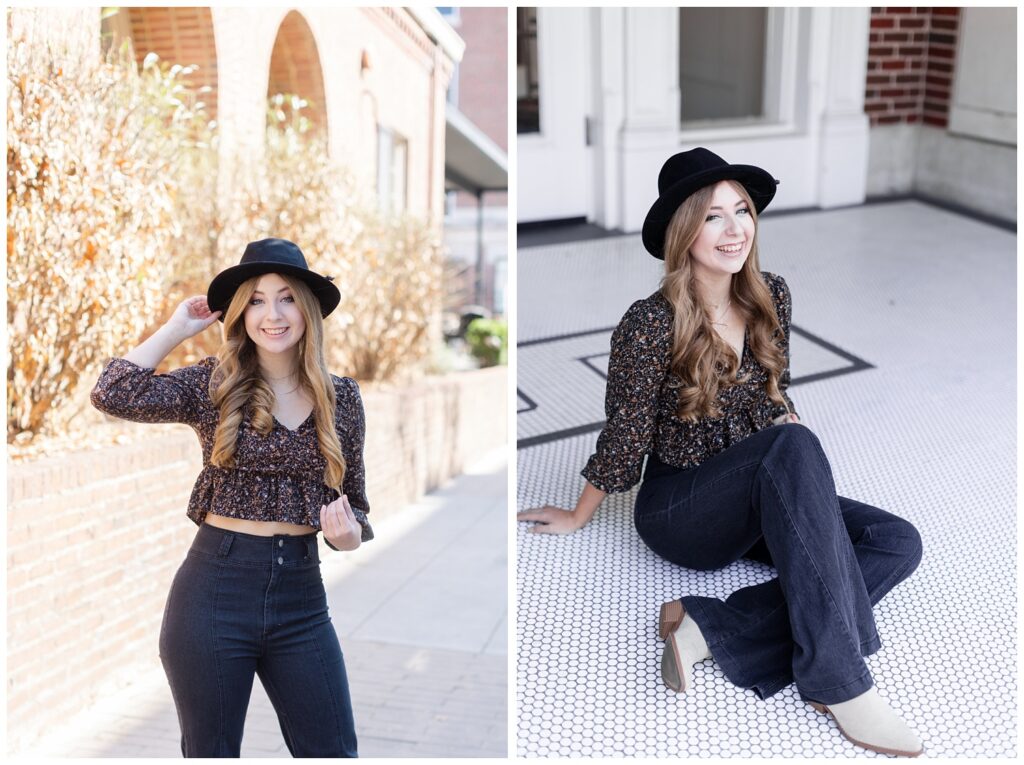 senior posing for portraits around the West Village in downtown Chattanooga
