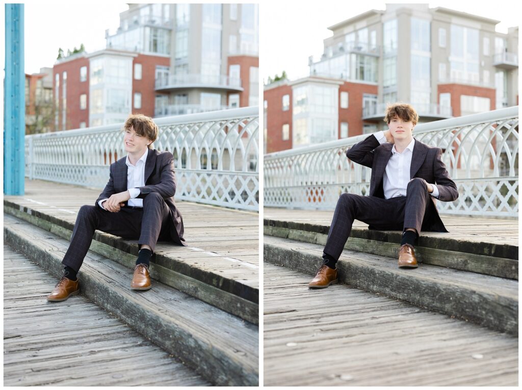 senior guy posing on the stairs of the Walnut Street Bridge for Chattanooga portrait session