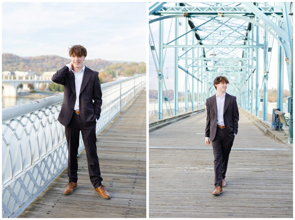 senior walking along the Walnut Street Bridge in the fall for session