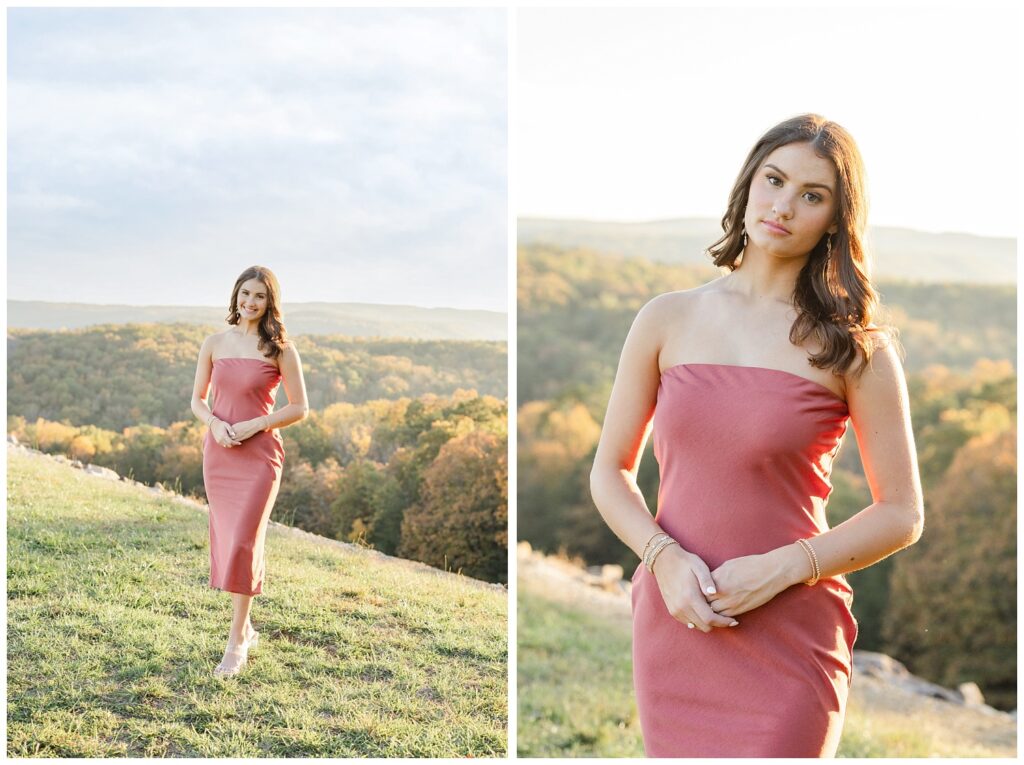 senior girl holding her hands in front and posing on Raccoon Mountain in Chattanooga