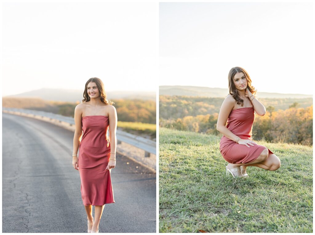 senior girl kneeling down on the grass for photoshoot on Raccoon Mountain
