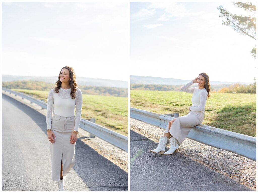 high school senior sitting on the guard rail on the road at Raccoon Mountain