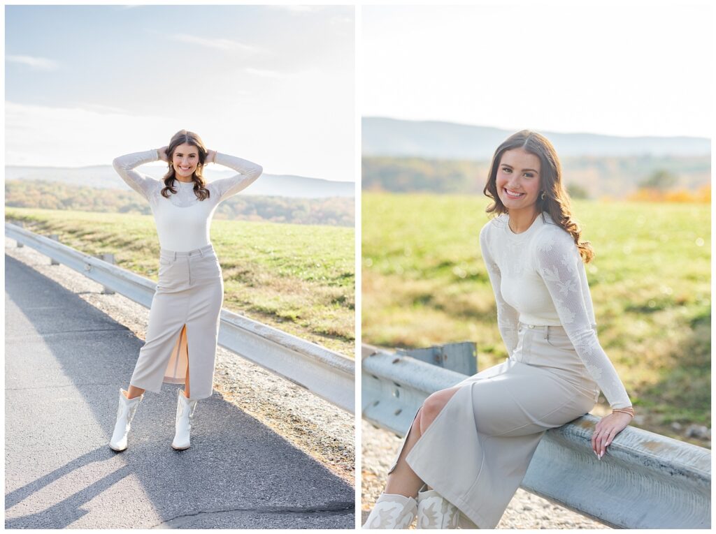 high school senior session posing on the road at Raccoon Mountain in Chattanooga