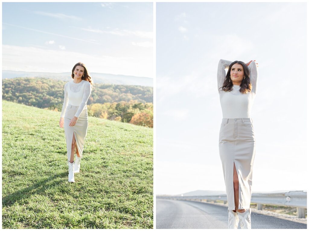 senior girl walking on grass at Raccoon Mountain portrait session