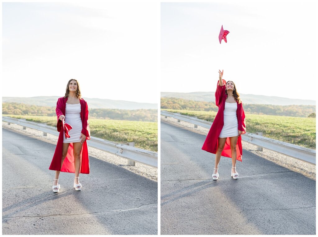 high school senior throwing her red cap in the air at Chattanooga photoshoot
