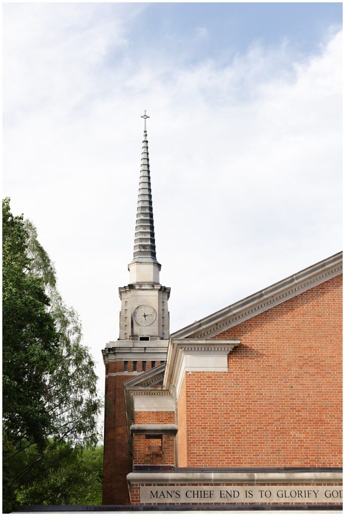 back of the McCallie School chapel in the spring with trees in the background