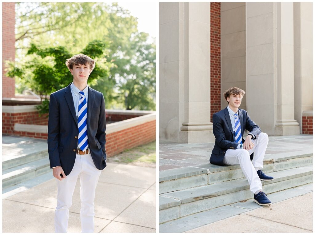 senior sitting on the stone steps at the McCallie School chapel