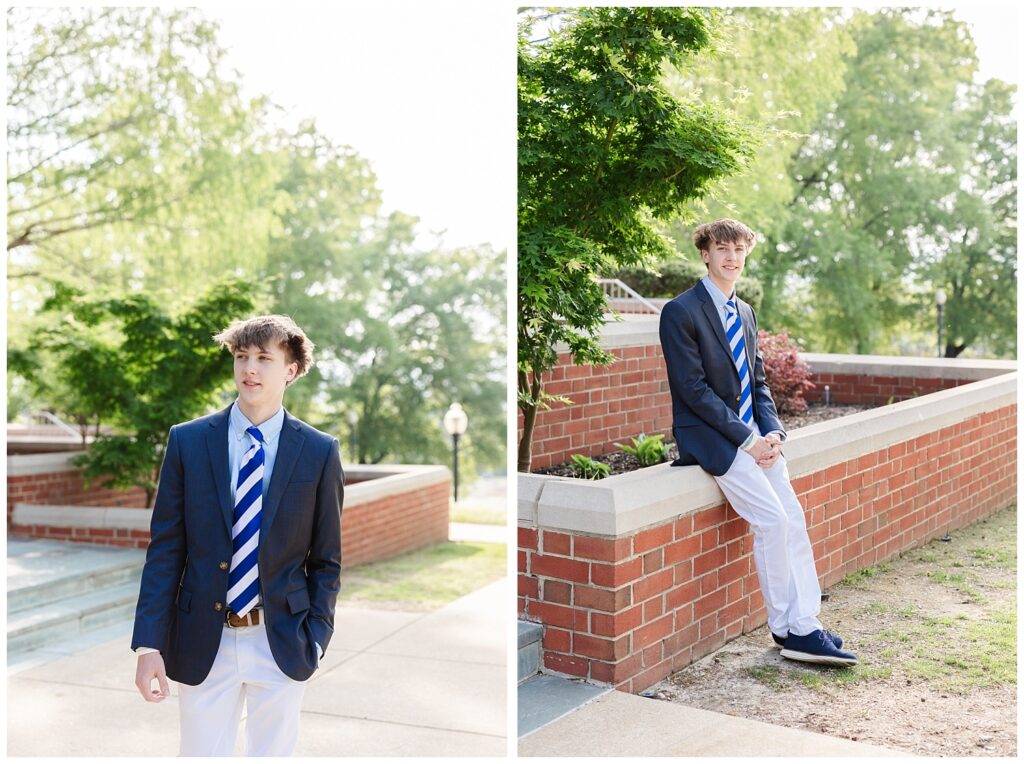 high school senior sitting on a stone and brick wall for portrait session in Chattanooga
