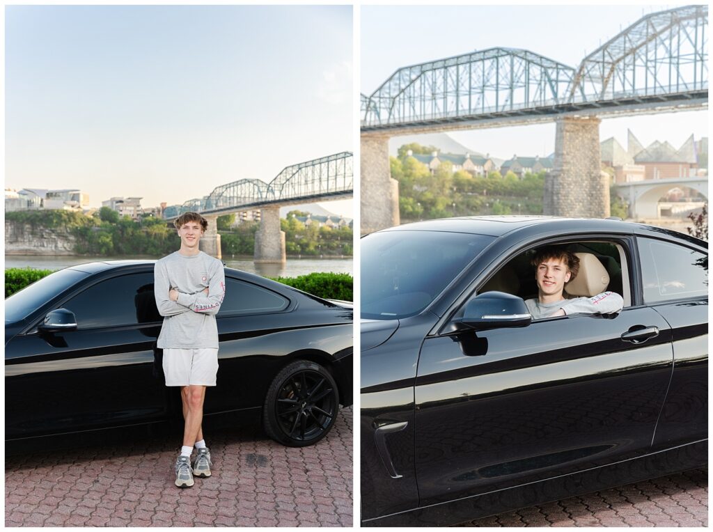 senior guy sitting inside his black BMW in Renaissance Park in downtown Chattanooga