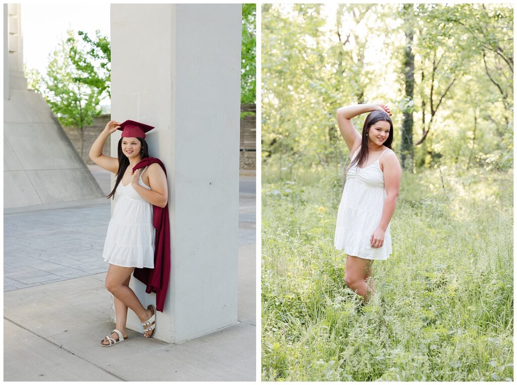 senior girl holding her arm over her shoulder and posing in a field