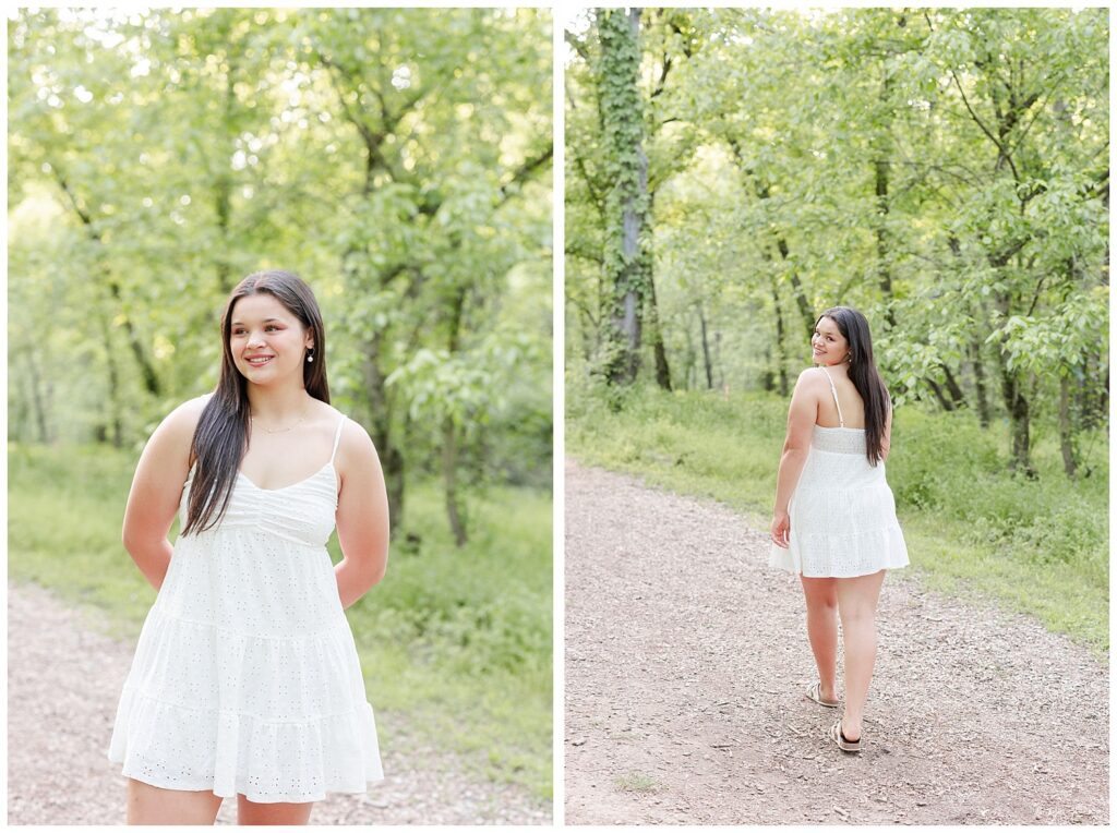 high school senior girl walking along a path in Renaissance Park
