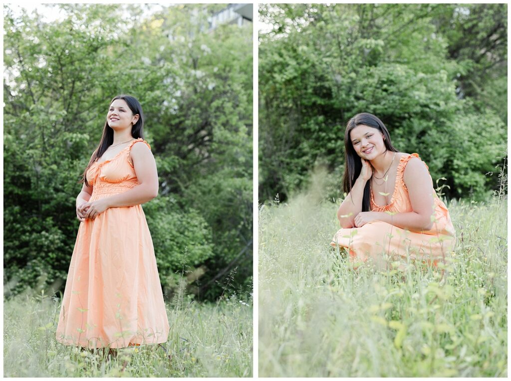 senior girl squatting in a Chattanooga field for spring portrait session