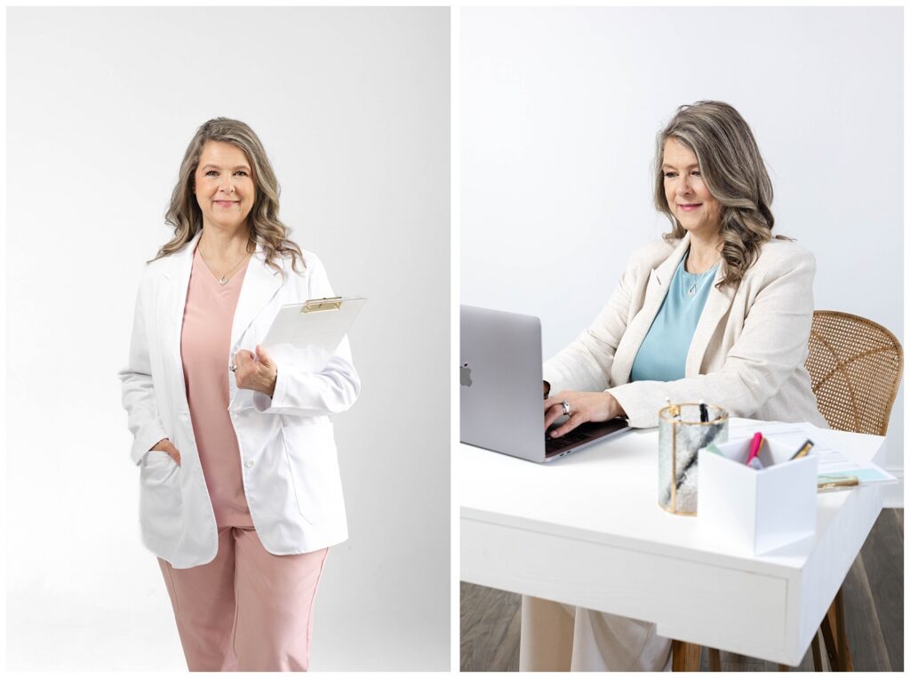 nurse practitioner writing in her laptop at a white desk for Chattanooga branding session