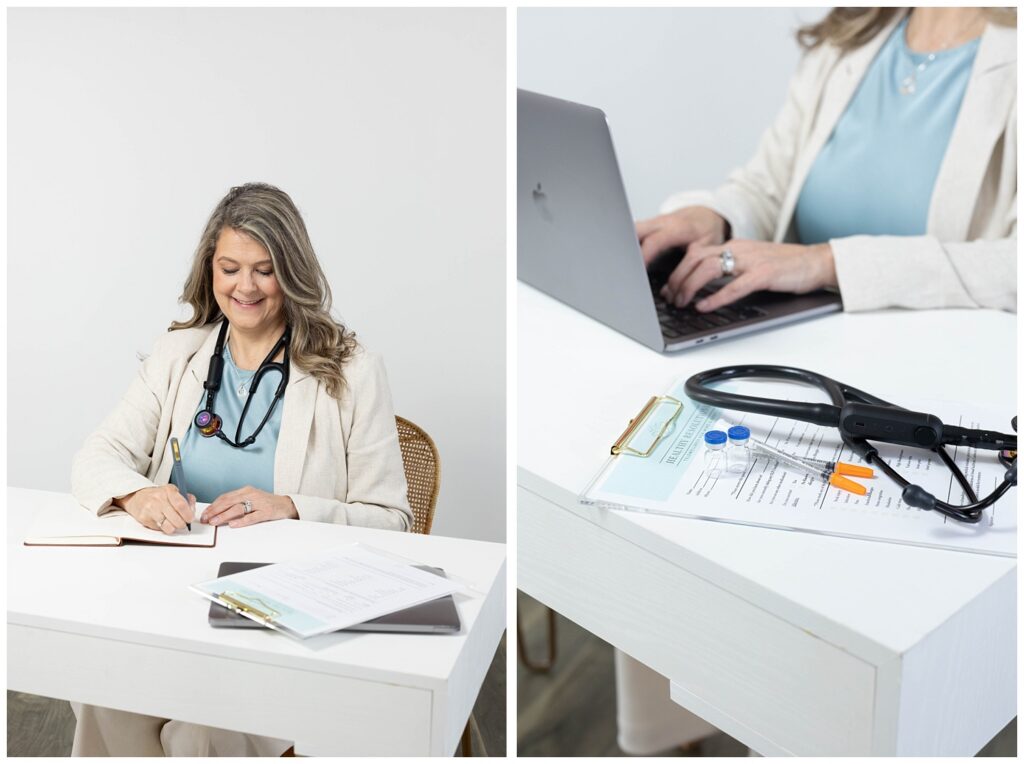Chattanooga nurse practitioner typing on her laptop for branding photoshoot