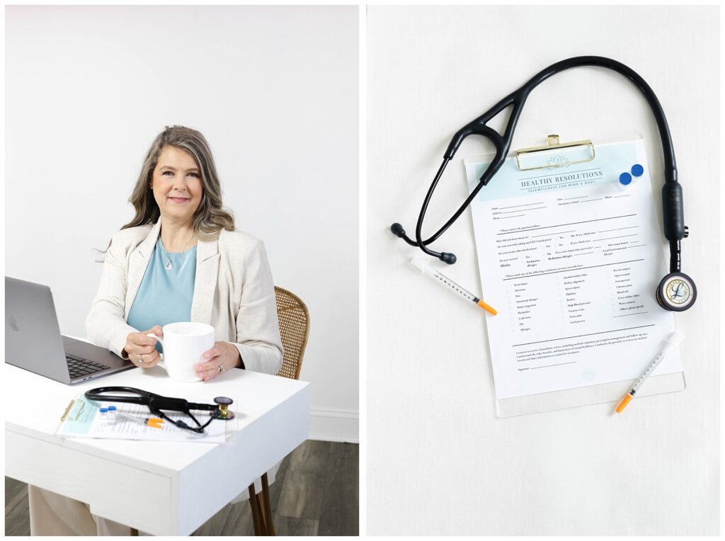 stethoscope sitting on a clipboard and intake form with vials of medicine at Chattanooga studio session