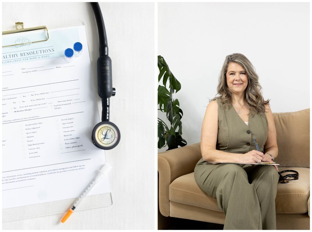 branding session at Chattanooga studio with nurse in a green jumpsuit sitting on a brown couch