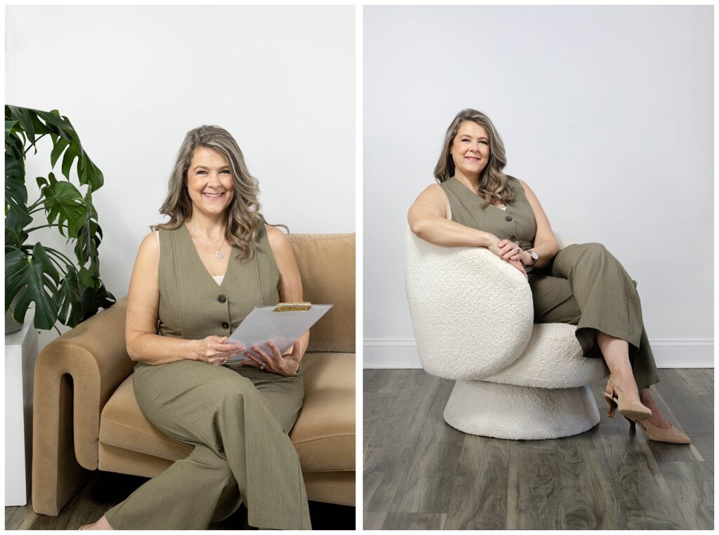branding session with nurse practitioner sitting in a white chair wearing a green jumpsuit