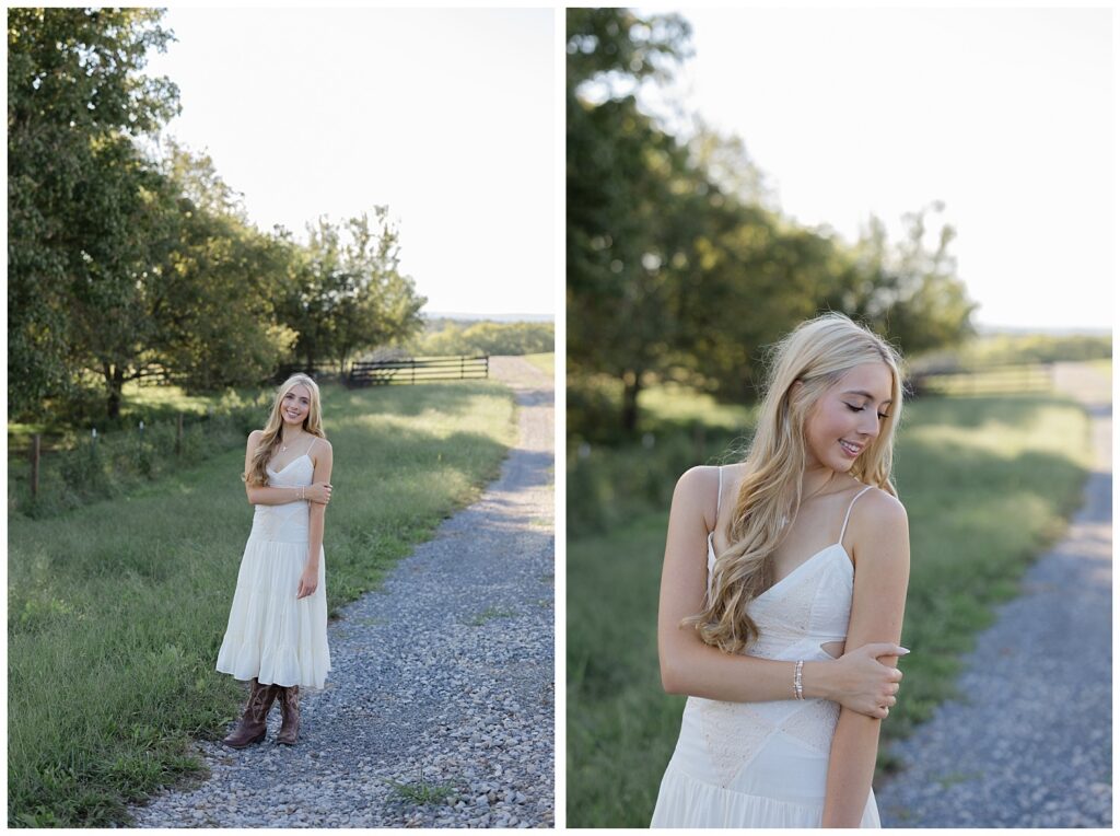 high school girl posing on a gravel road on her family's farm near Chattanooga