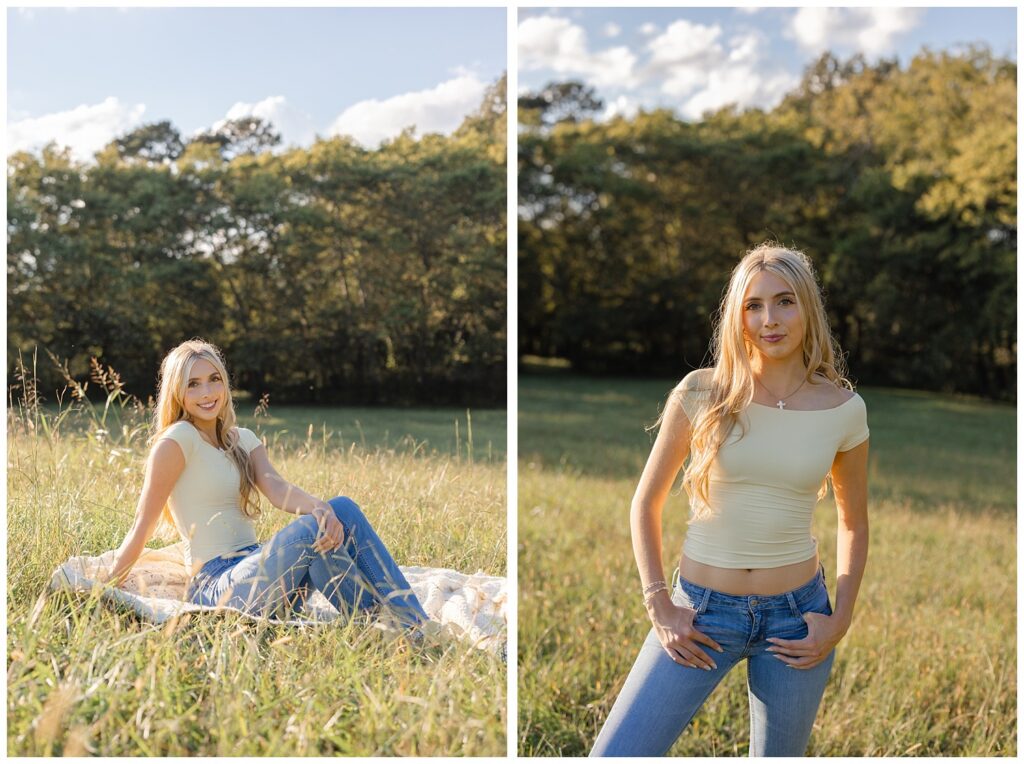 Chattanooga high school senior wearing jeans and a yellow top posing in a field
